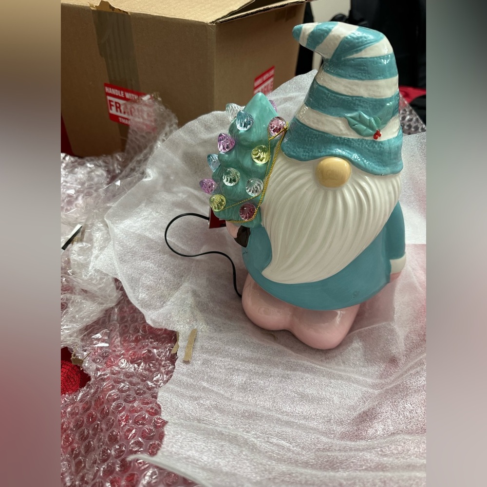 Ceramic pastel Gnome with light up vintage tree.